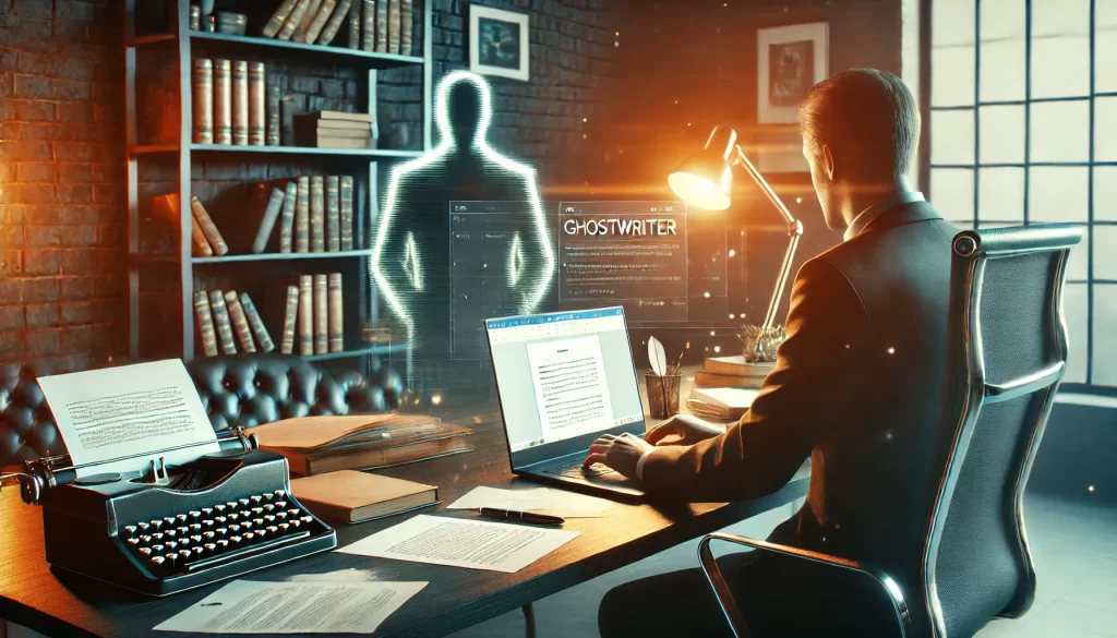 Modern workspace with a professional ghostwriter typing on a laptop, surrounded by notes and manuscripts. A shadowy figure in the background symbolizes anonymity, highlighting the discreet nature of ghostwriting services.
