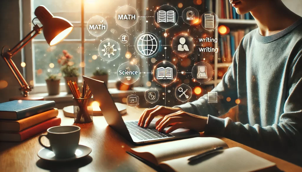 Student sitting at a modern desk using a laptop with multiple educational websites open. A cozy study environment with bookshelves and digital icons representing math, science, and writing symbolizes online homework assistance.