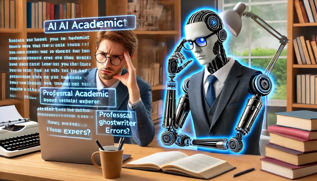 A university student looks frustrated while staring at a laptop screen displaying AI-generated academic text with errors. Across the desk, a professional ghostwriter sits confidently, holding a pen and a notebook, ready to help. The setting is a well-lit study area with books, notes, and a coffee cup, emphasizing the contrast between AI-generated writing and expert human writing.