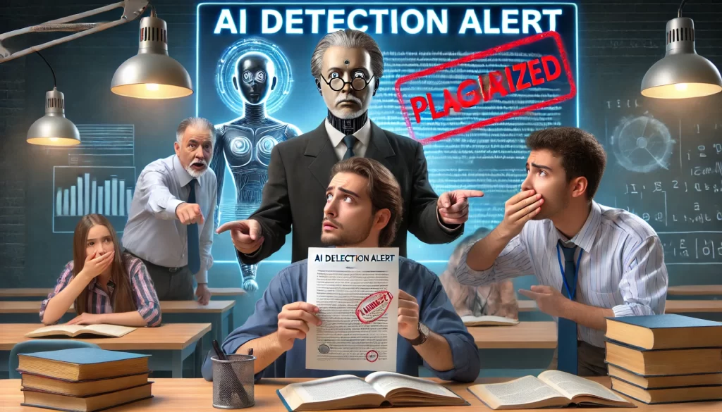 A dramatic scene of a university professor holding an AI-generated essay with a red 'PLAGIARIZED' stamp, while a nervous student looks on in shock. In the background, other students whisper and point, as a large screen displays 'AI Detection Alert' in bold letters. The setting is a modern university classroom with academic papers and books scattered on desks, highlighting the growing AI plagiarism crisis.