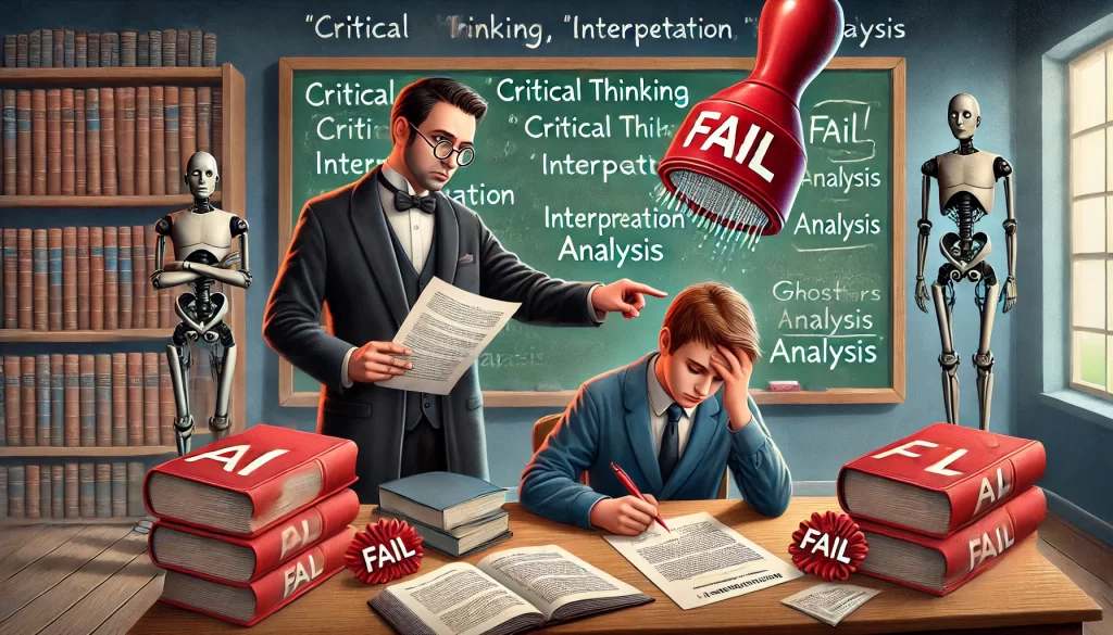 A dramatic scene of a university literature professor marking an AI-generated essay with a big red 'FAIL' stamp. In the background, a confused student stares at the paper, while a confident ghostwriter sits at another desk, writing with a pen and books stacked around them. A chalkboard behind them features words like 'Critical Thinking,' 'Interpretation,' and 'Analysis,' emphasizing why AI cannot replace real academic writing in the humanities