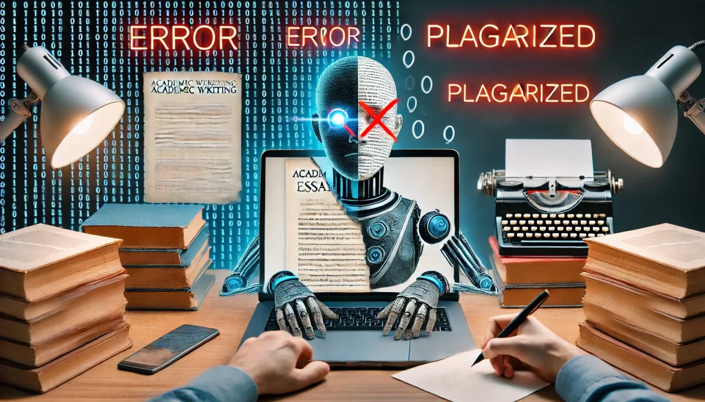 "A dramatic comparison of AI-generated academic writing versus human ghostwriting. On one side, a laptop screen displays an AI-generated essay with red 'ERROR' and 'PLAGIARIZED' warnings. On the other side, a ghostwriter is seen writing on paper, with books and research materials surrounding them. The scene emphasizes the contrast between AI's failures and human expertise in crafting high-quality academic work.