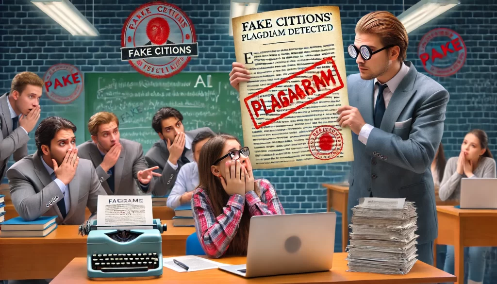 A dramatic scene of a university professor holding up a student's essay covered in red 'FAKE CITATIONS' and 'PLAGIARISM DETECTED' stamps. The student looks shocked and worried, sitting in a classroom with classmates whispering in the background. A laptop screen on the desk shows an AI-generated essay with fake sources, highlighting the dangers of AI-generated academic fraud.
