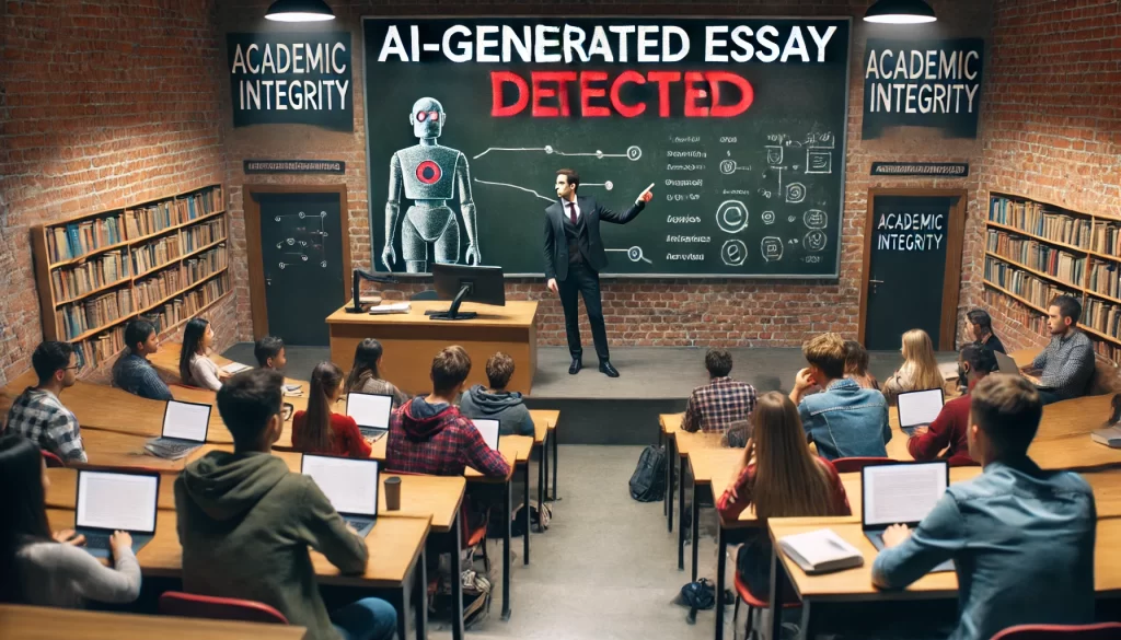 A dramatic scene in a university lecture hall where a professor is standing at the front, pointing at a large screen displaying 'AI-Generated Essay Detected' in bold red letters. Students in the classroom look nervous, some taking notes while others glance at their laptops. The environment is academic, with books, notebooks, and a chalkboard with 'Academic Integrity' written on it.