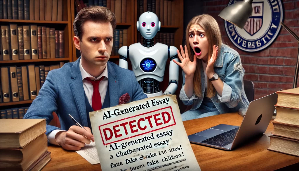 A dramatic scene in a university office where a nervous student sits across from a professor holding an essay marked with 'AI-Generated Essay Detected' in red ink. The professor looks stern, while the student appears shocked and anxious. A laptop on the desk shows a chatbot-generated essay with fake citations. The setting is academic, with bookshelves and a university crest in the background.