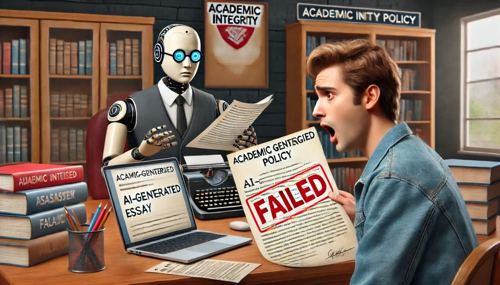 A dramatic scene in a university office where a student looks shocked while reading an academic misconduct notice. The professor, sitting across the desk, holds an essay marked 'AI-Generated: Failed' in red ink. A laptop on the table shows a chatbot-generated paper flagged for plagiarism. The background includes bookshelves, a university logo, and a bulletin board with 'Academic Integrity Policy' pinned to it