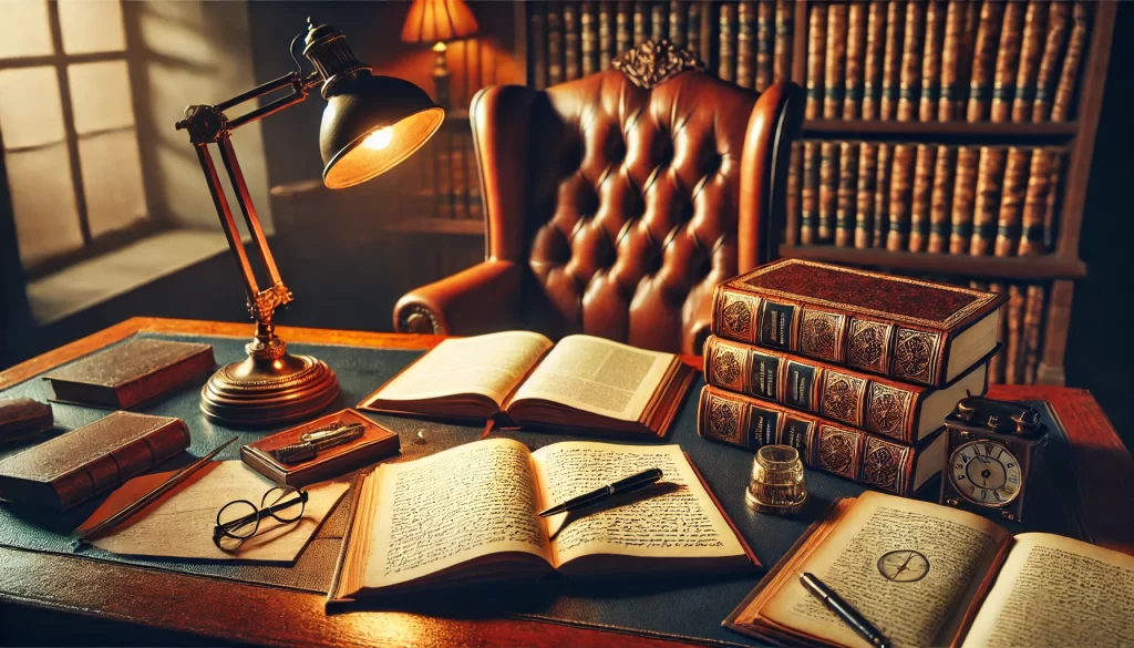 A prestigious academic setting featuring an antique wooden desk, an open research book, and a stack of meticulously organized handwritten notes. A warm desk lamp casts soft light, creating an atmosphere of deep intellectual focus. A luxurious leather chair sits behind the desk, emphasizing exclusivity and high-level academic work.