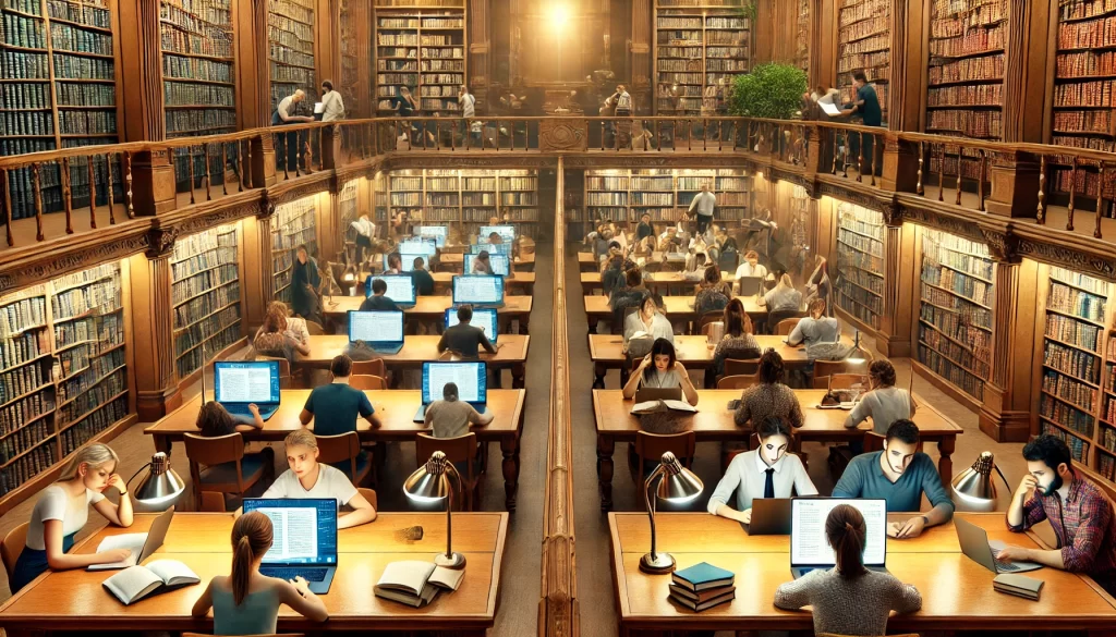 A grand university library with two contrasting study areas. On one side, disengaged students use AI-generated text on their laptops, showing unengaged expressions. On the other side, elite students are deeply immersed in research, highlighting books, writing in notebooks, and engaging in intellectual discussions. The towering bookshelves and warm lighting create an atmosphere of exclusivity and academic excellence.