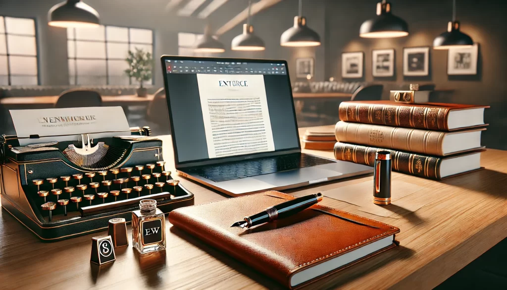 A high-end writing workspace featuring a polished wooden desk with a premium leather notebook, a fountain pen, and a stack of meticulously edited research papers. A laptop screen displays a sophisticated, well-structured essay draft. The setting is illuminated by soft lighting, with a modern, upscale office backdrop, evoking intellectual prestige and elite writing services.