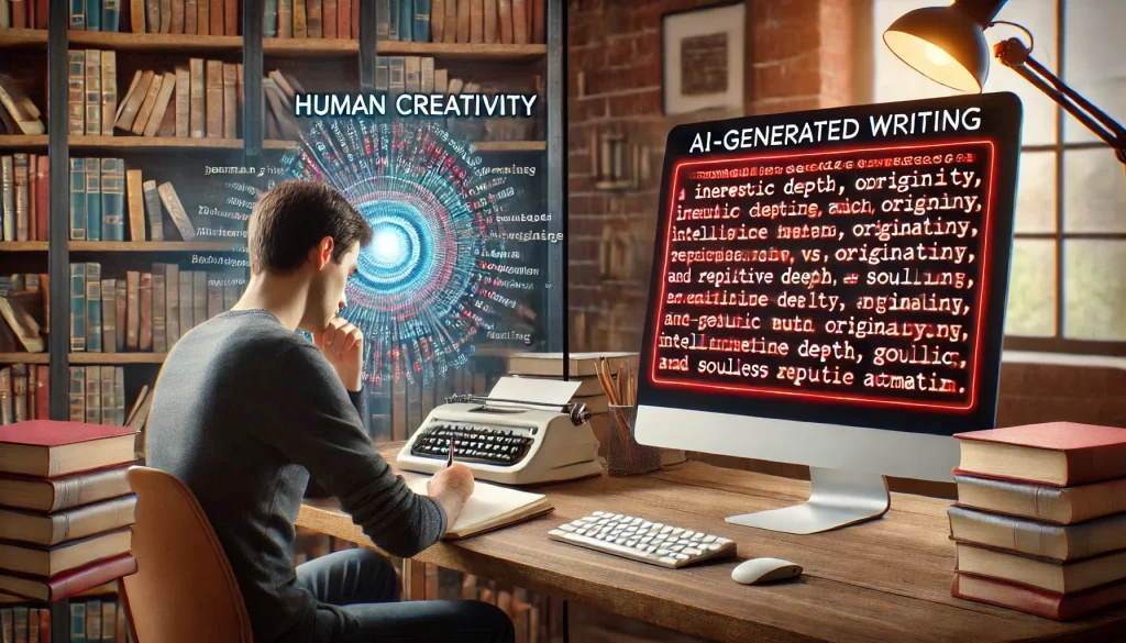A side-by-side comparison of human creativity versus AI-generated writing. On the left, a focused writer works in a notebook, surrounded by books and research materials, symbolizing deep thought and originality. On the right, a computer screen displays an AI-generated essay with generic, repetitive phrases highlighted in red, emphasizing the contrast between human ingenuity and soulless automation.