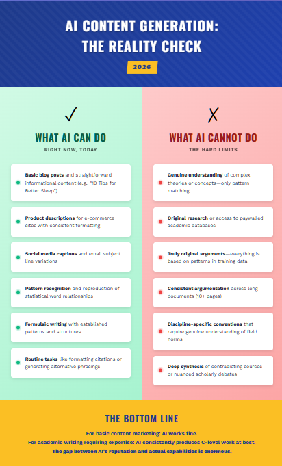A modern, vibrant split-screen design with purple gradients and bold colors, clearly contrasting what AI can do (green side) versus what it cannot do (red side) in 2026.