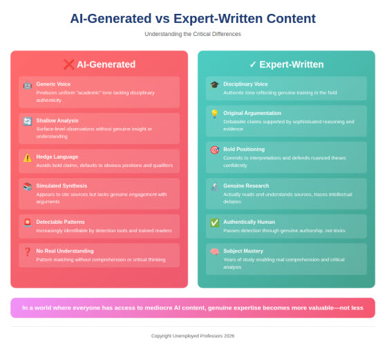 Side-by-side comparison infographic contrasting AI-generated content characteristics (left, red gradient) with expert-written content characteristics (right, teal gradient). The AI side shows six limitations marked with warning icons: generic voice, shallow analysis, hedge language, simulated synthesis, detectable patterns, and no real understanding. The expert side shows six advantages marked with checkmarks: disciplinary voice, original argumentation, bold positioning, genuine research, authentically human, and subject mastery. A purple banner at bottom states "In a world where everyone has access to mediocre AI content, genuine expertise becomes more valuable—not less."