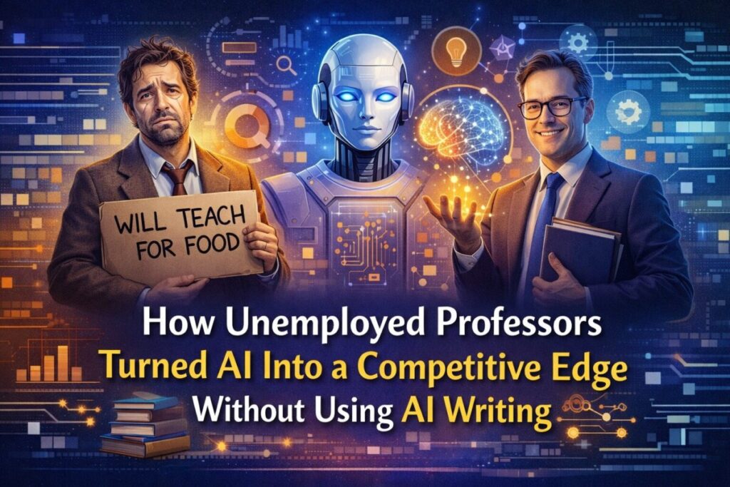 A header image depicting How Unemployed Professors Turned AI Into a Competitive Edge Without Using AI Writing