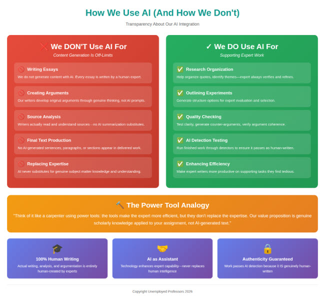 Two-column transparency infographic showing AI usage policy. Left column "We DON'T Use AI For" (red gradient) lists five prohibited uses with X icons: Writing Essays (no AI content generation), Creating Arguments (original arguments from genuine thinking), Source Analysis (writers actually read and understand), Final Text Production (no AI-generated sentences or paragraphs), Replacing Expertise (AI never substitutes for subject knowledge). Right column "We DO Use AI For" (green gradient) lists five permitted supporting tasks with checkmarks: Research Organization (organize quotes, identify themes with expert verification), Outlining Experiments (generate structure options for expert evaluation), Quality Checking (test clarity, generate counter-arguments, verify coherence), AI Detection Testing (run finished work through detectors to ensure it passes), Enhancing Efficiency (make experts more productive on tedious tasks). Orange banner features power tool analogy quote comparing carpenter using tools to writers using AI. Three purple boxes at bottom emphasize core principles: 100% Human Writing (actual writing entirely human-created by experts), AI as Assistant (technology enhances not replaces), Authenticity Guaranteed (passes detection because IS human-written).