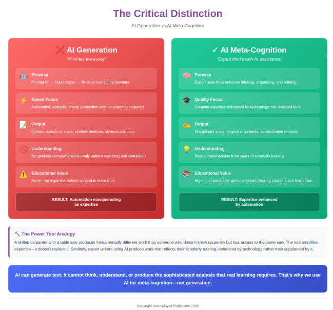 Side-by-side comparison infographic showing AI Generation (left, red gradient) versus AI Meta-Cognition (right, green gradient). The AI Generation column shows five negative characteristics with warning icons: automated process with minimal human involvement, speed focus with no expertise, generic output with shallow analysis, no genuine understanding, and no educational value. Result banner states "Automation masquerading as expertise." The AI Meta-Cognition column shows five positive characteristics with checkmarks: expert uses AI to enhance thinking, quality focus with genuine expertise, disciplinary voice with original arguments, real comprehension from scholarly training, and high educational value. Result banner states "Expertise enhanced by automation." Below is a gray box with power tool analogy comparing skilled carpenter with table saw to expert writer using AI. Blue banner at bottom emphasizes AI can generate text but cannot think or understand.