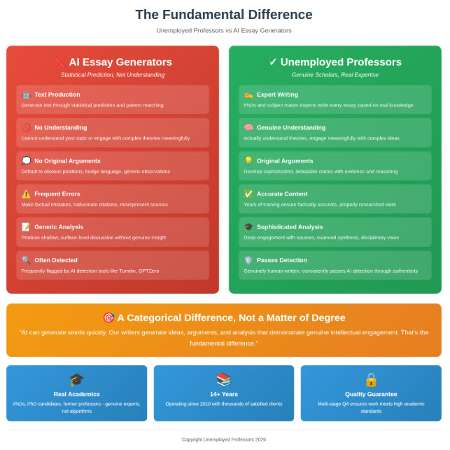 Side-by-side comparison infographic contrasting AI Essay Generators (left, red gradient) with Unemployed Professors (right, green gradient). AI Generators column shows six negative characteristics with X icons and warning symbols: Text Production (statistical prediction and pattern matching), No Understanding (cannot engage with complex theories), No Original Arguments (obvious positions and hedge language), Frequent Errors (factual mistakes and hallucinated citations), Generic Analysis (shallow surface-level discussion), Often Detected (frequently flagged by Turnitin and GPTZero). Unemployed Professors column shows six positive characteristics with checkmarks: Expert Writing (PhDs write based on real knowledge), Genuine Understanding (actually understand theories and ideas), Original Arguments (sophisticated debatable claims with evidence), Accurate Content (years of training ensure factually correct work), Sophisticated Analysis (deep engagement with disciplinary voice), Passes Detection (genuinely human-written, consistently passes through authenticity). Orange banner states "A categorical difference, not a matter of degree" with quote about generating ideas versus words. Three blue boxes at bottom highlight: Real Academics (PhDs and genuine experts), 14+ Years (operating since 2010), Quality Guarantee (multi-stage QA).