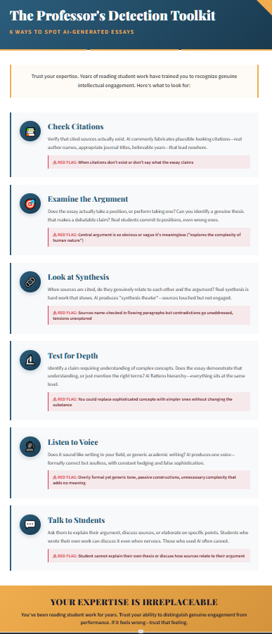 "The Professor's Detection Toolkit" - A professional academic style with a folded corner detail, using deep blues and gold accents. It provides 6 concrete ways professors can spot AI-generated work with red flag warnings for each.
