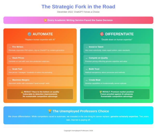 Strategic decision flowchart showing two divergent paths academic writing services faced in December 2022 when ChatGPT launched. Left path (orange gradient) labeled "AUTOMATE" shows strategy of firing writers, slashing prices, scaling fast, and maximizing margins, resulting in race to bottom and no sustainable advantage. Right path (green gradient) labeled "DIFFERENTIATE" shows strategy of investing in talent, competing on quality, building trust, and creating moat, resulting in premium position and sustainable advantage. Blue banner at bottom highlights Unemployed Professors' choice to differentiate while competitors automated.