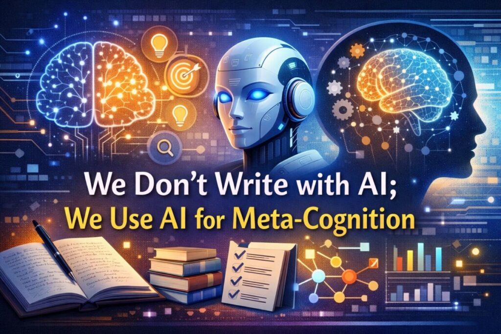 A header image depicting We Don't Write with AI; We Use AI for Meta-Cognition