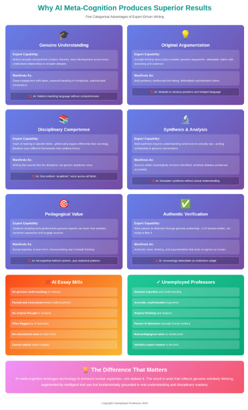 Multi-section infographic showing five categorical advantages in purple gradient boxes, each with icon, title, expert capability description, manifestation description, and "vs AI" comparison bar. Advantages shown: (1) Genuine Understanding with graduation cap icon - experts comprehend complex theories vs AI pattern-matching, (2) Original Argumentation with lightbulb icon - experts make debatable claims vs AI obvious positions, (3) Disciplinary Competence with books icon - experts write in discipline-specific voice vs AI generic voice, (4) Synthesis & Analysis with microscope icon - experts create real synthesis vs AI simulation, (5) Pedagogical Value with target icon - students learn from expert thinking vs AI statistical patterns, (6) Authentic Verification with checkmark icon - work passes detection through genuine authorship vs AI increasingly detectable. Below are two comparison boxes: orange "AI Essay Mills" column lists six failures, green "Unemployed Professors" column lists six successes. Pink banner at bottom states "AI meta-cognition leverages technology to enhance human expertise—not replace it."
