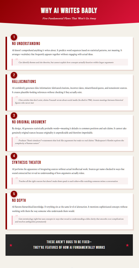 A newspaper-editorial aesthetic with a torn paper edge, crimson red accents, and a vintage feel. It breaks down the 5 fundamental flaws of AI writing with numbered cards and real examples.