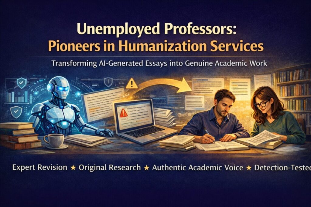 A header image depicting unemployed professors: pioneers in AI humanization for essays
