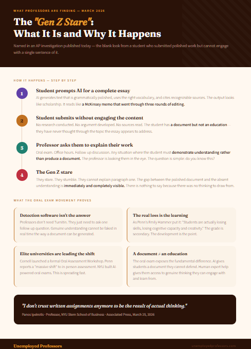 A light purple infographic from Unemployed Professors titled "The AI Academic Integrity Crisis Has Reached a Tipping Point," tagged "March 2026 — By the Numbers." Three large statistics at the top show that 92 percent of faculty are concerned about AI academic dishonesty according to the College Board, Georgia Tech AI integrity referrals have tripled since 2023-24, and at least 12 major universities including Yale, Johns Hopkins, and Vanderbilt have disabled Turnitin's AI detection. Below the statistics, five data rows present additional faculty survey findings: 90 percent believe AI will diminish critical thinking, 78 percent say cheating has increased since AI became available, 74 percent believe AI will diminish the value of degrees, 51 percent of University of Georgia dishonesty cases now involve alleged AI use, and blue book sales at Georgia universities jumped 125 percent. A deep purple pull quote from Georgia Tech professor Amy Bruckman closes the infographic: "I don't think the general public understands how desperate the situation is."