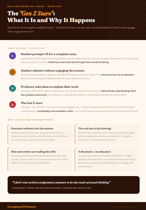 A warm rust and amber infographic from Unemployed Professors on a cream background, titled "The Gen Z Stare: What It Is and Why It Happens." A four-step vertical chain diagram explains how the phenomenon occurs: first, a student prompts AI for a complete essay and receives polished text described as reading like a McKinsey memo; second, the student submits without conducting research or developing genuine understanding; third, the professor asks them to explain their work in an oral exam or follow-up discussion; fourth, the Gen Z stare — the student cannot explain paragraph one because there was no genuine thinking to draw from. Below the chain, a four-item grid titled "What the Oral Exam Movement Proves" covers four points: detection software is not the answer because one follow-up question exposes the gap; the real loss is the learning, not just the grade; elite universities including Cornell, NYU, and Penn are leading a rapid shift toward oral assessment; and a document is not the same as an education. A dark rust pull quote from NYU Stern professor Panos Ipeirotis closes the piece: "I don't trust written assignments anymore to be the result of actual thinking."