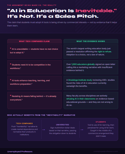 Dark-themed infographic from Unemployed Professors debunking the AI inevitability narrative. A four-row claim-versus-evidence table contrasts tech company messaging with research findings, followed by a flow diagram showing how the narrative benefits tech companies and universities at students' expense.