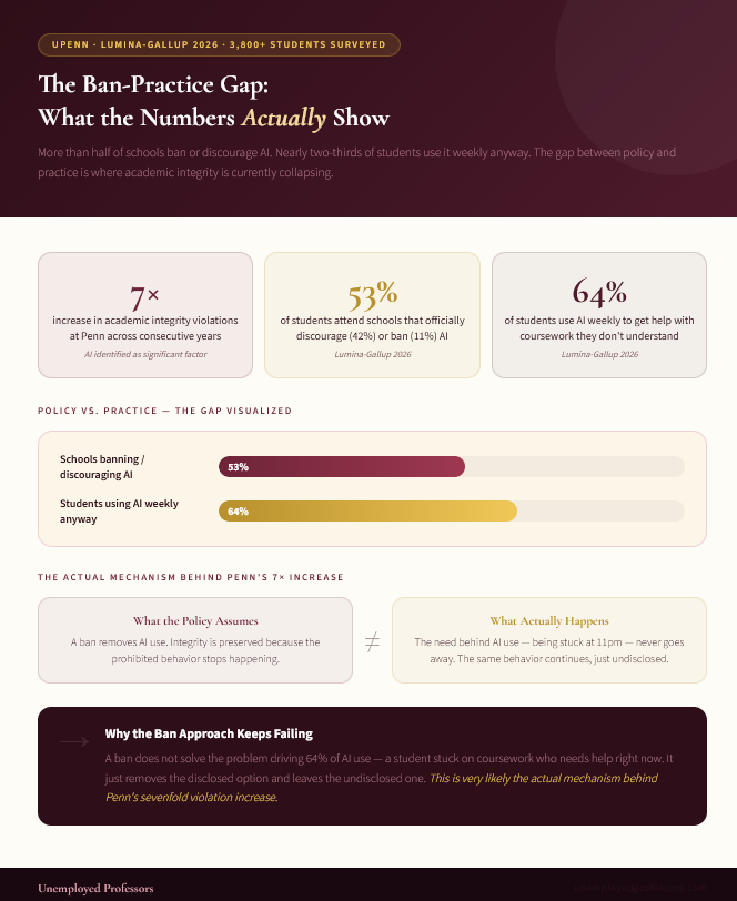 Deep burgundy and gold infographic from Unemployed Professors showing the ban-practice gap: Penn's sevenfold violation increase, 53 percent of schools banning AI versus 64 percent of students using it weekly anyway, with a mechanism panel explaining why bans push behavior underground rather than eliminating it.