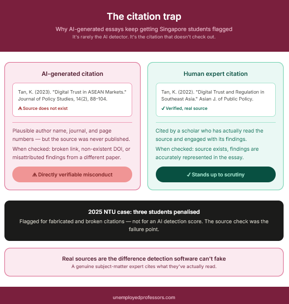 Muted denim and burnt orange infographic from Unemployed Professors comparing Penn's ban-and-detect approach against Ohio State's AI fluency approach, showing their shared underlying goal, what neither approach solves, and why genuine human expert help works under either policy framework.