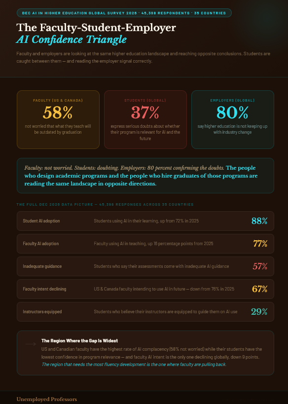 Warm umber and pale lavender infographic from Unemployed Professors showing the 57 percent assessment guidance gap: two headline stats, a four-step model of what absence of guidance produces including the Brown score collapse, and a two-column contrast of institutional AI guidance against genuine expert modeling.