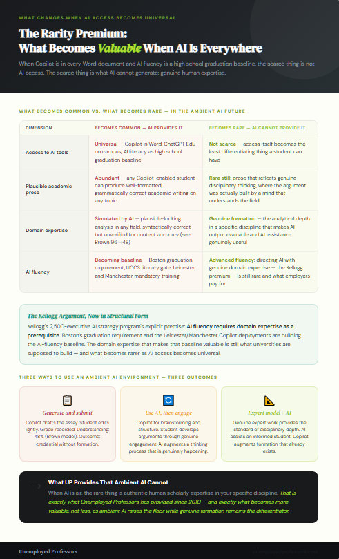Graphite and electric lime infographic from Unemployed Professors showing the rarity premium: a four-row table of what becomes common versus rare when AI is everywhere, the Kellogg domain-expertise prerequisite argument, and three outcome columns for how students use an ambient AI environment.