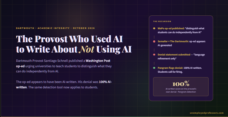 The Dartmouth Provost Wrote a Washington Post Op-Ed About AI and Academic Integrity. It Was AI-Written. His Denial Was Also AI-Written. The Double Standard Goes Deeper Than Irony.