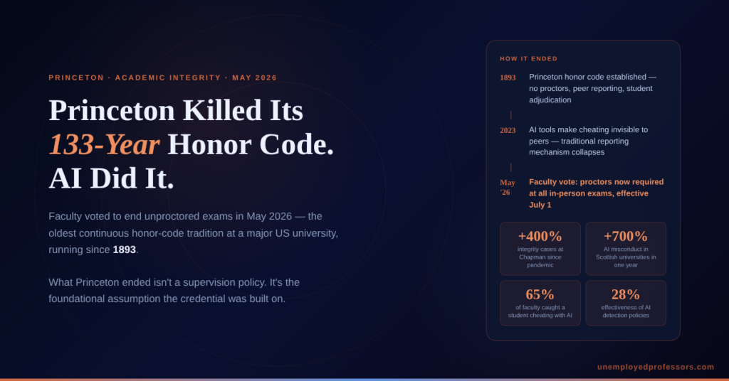 Hero image for blog post titled "Princeton Killed Its 133-Year Honor Code. AI Did It." Deep prussian-blue background with subtle concentric rings evoking a university seal pattern and warm orange-red gradient orbs. Left column shows the headline in large serif type with "133-Year" in italic terracotta-orange. Descriptor text explains that Princeton faculty voted to end unproctored exams in May 2026, ending the oldest continuous honor-code tradition at a major US university since 1893, and that what Princeton ended is not a supervision policy but the foundational assumption the credential was built on. Right panel on a dark translucent card titled "How It Ended" shows a three-step timeline: 1893, Princeton honor code established; 2023, AI makes cheating invisible to peers and the reporting mechanism collapses; May 2026, faculty vote proctors required effective July 1. Below the timeline, four stat cards read plus 400 percent integrity cases at Chapman, plus 700 percent AI misconduct in Scottish universities in one year, 65 percent of faculty caught AI cheating, and 28 percent AI detection policy effectiveness. A terracotta-to-blue gradient strip runs along the bottom edge. Brand tag reads unemployedprofessors.com.