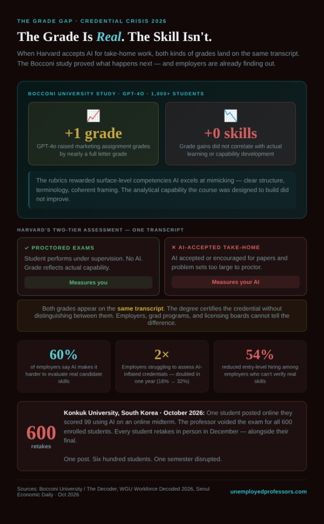 Infographic titled "The Grade Is Real. The Skill Isn't." on a dark espresso background. Eyebrow reads "The Grade Gap · Credential Crisis 2026." A Bocconi University study feature card for more than 1,000 students shows two side-by-side panels: the left, labeled "plus one grade," states that GPT-4o raised marketing assignment grades by nearly a full letter grade; the right, labeled "plus zero skills," states that grade gains did not correlate with actual learning or capability development. A note explains that rubrics rewarded surface-level competencies AI excels at mimicking. Below, a two-tier assessment diagram contrasts Harvard's proctored exams — labeled "measures you" — with AI-accepted take-home work — labeled "measures your AI" — and notes that both grades appear on the same transcript with no distinction. Three employer stat cells show: 60 percent of employers say AI makes it harder to evaluate real candidate skills; the share of employers struggling to assess AI-inflated credentials doubled from 16 percent to 32 percent in one year; and 54 percent of those employers have reduced entry-level hiring. A Konkuk University card describes how one student's online boast about scoring 99 using AI forced 600 students to retake the exam in person. Brand tag: unemployedprofessors.com.
